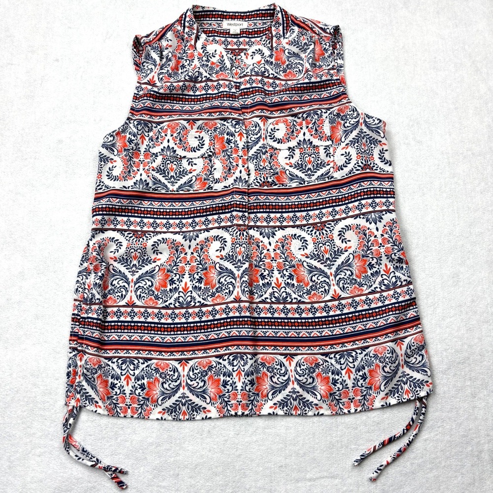 Westport Blouse Womens Petite Small Orange Navy Paisley Cinch Hem Top PS
